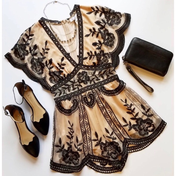 LAST! Nude Black Lace Embroidered Romper - Picture 2 of 7